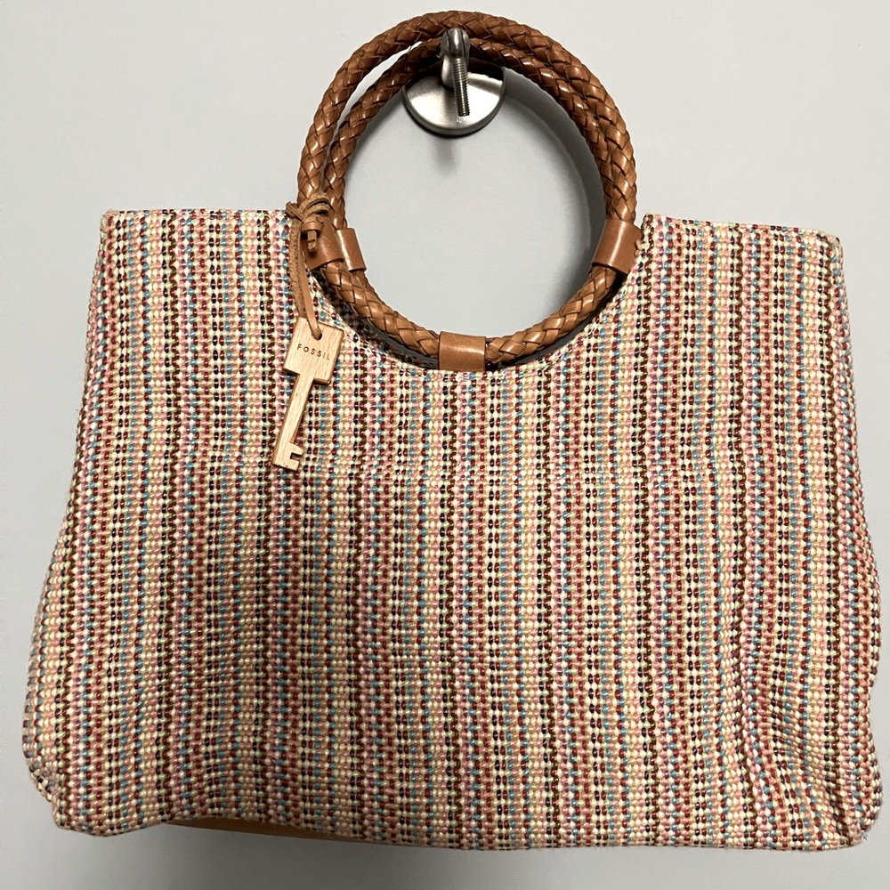 Fossil Multi Color Woven Tote With Round Woven Ta… - image 1